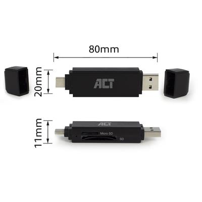 ACT USB 3.2 cardreader, SD/micro SD, USB-C of USB-A, zwart