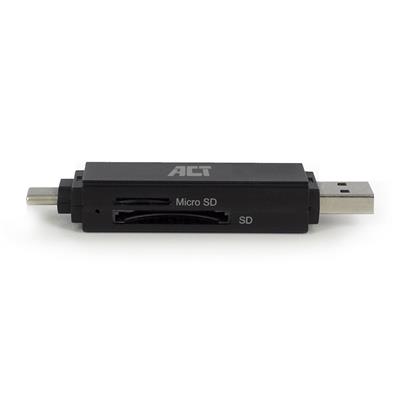 ACT USB 3.2 cardreader, SD/micro SD, USB-C of USB-A, zwart