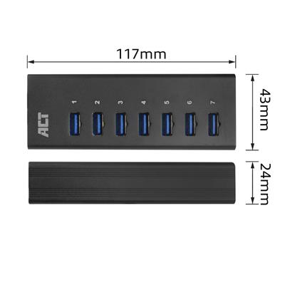 ACT USB Hub 3.2, 7x USB-A, met stroomadapter, zwart
