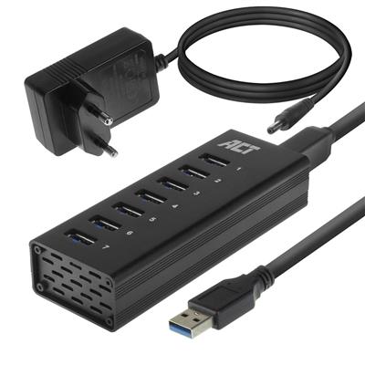 ACT USB Hub 3.2, 7x USB-A, met stroomadapter, zwart