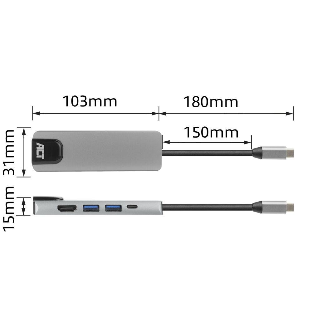 ACT USB-C 4K dockingstation voor 1 HDMI monitor, ethernet, USB-A, PD pass-through