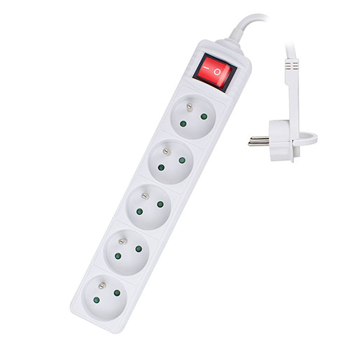 Ewent Stekkerdoos met verlichte schakelaar en platte stekker, 5 sockets, 1.5m, wit