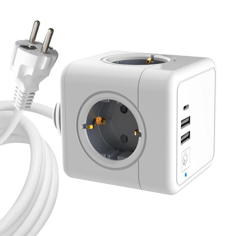 MicroConnect 4 way Schuko, 2 USB A ports, 1 USB-C port, power cube with 1,5m cable, white