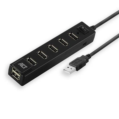 ACT USB Hub 2.0, 7x USB-A, aan- en uit schakelaar, zwart