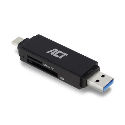 ACT USB 3.2 cardreader, SD/micro SD, USB-C of USB-A, zwart