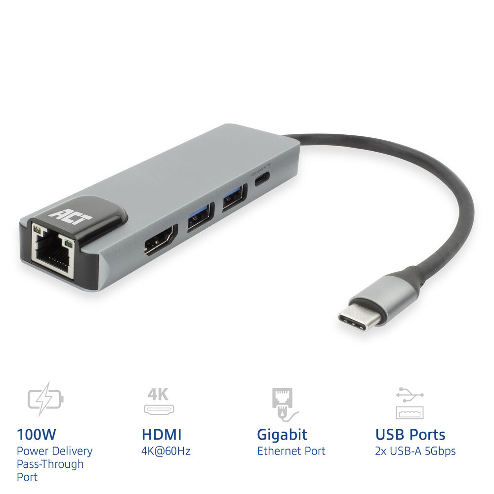 ACT USB-C 4K dockingstation voor 1 HDMI monitor, ethernet, USB-A, PD pass-through