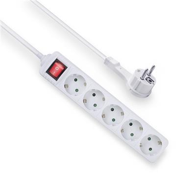 [AC2455] ACT Stekkerdoos met lichtgevende schakelaar en platte stekker, 5 sockets, 1,5 m, wit